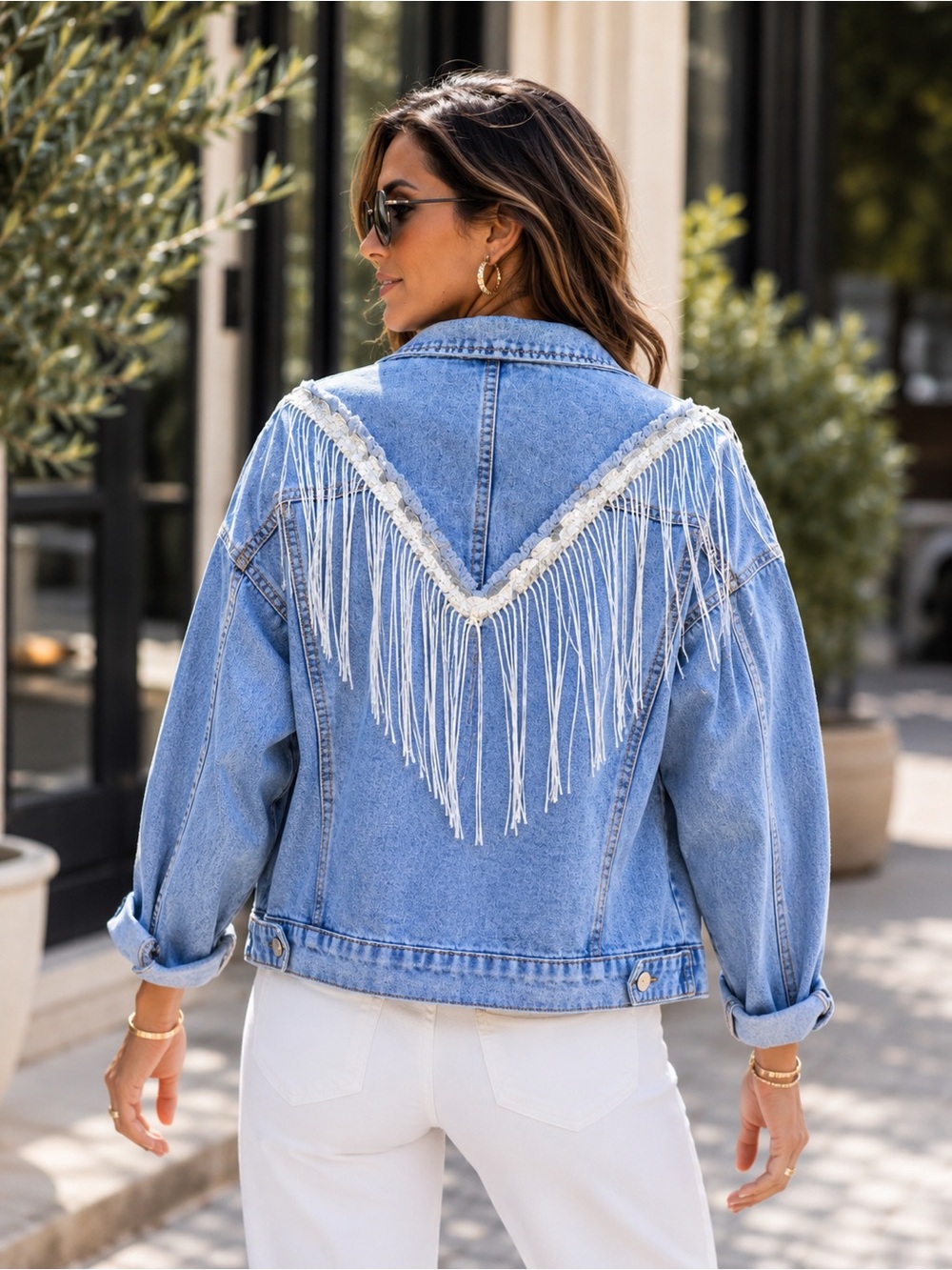ShopEvelynne Light Blue Denim Jacket with White Fringe
